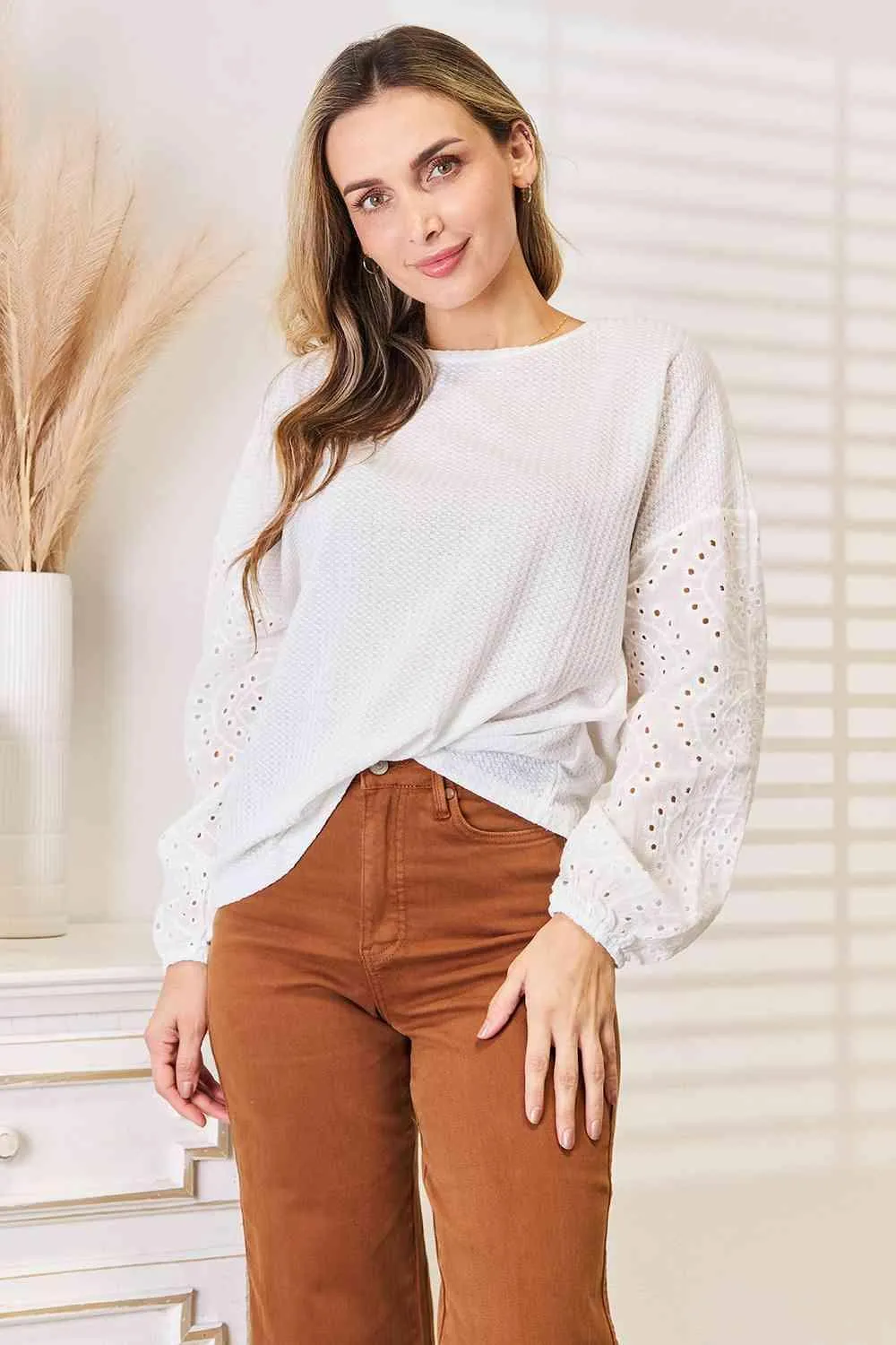 Eyelet Accent White Long Sleeve Blouse