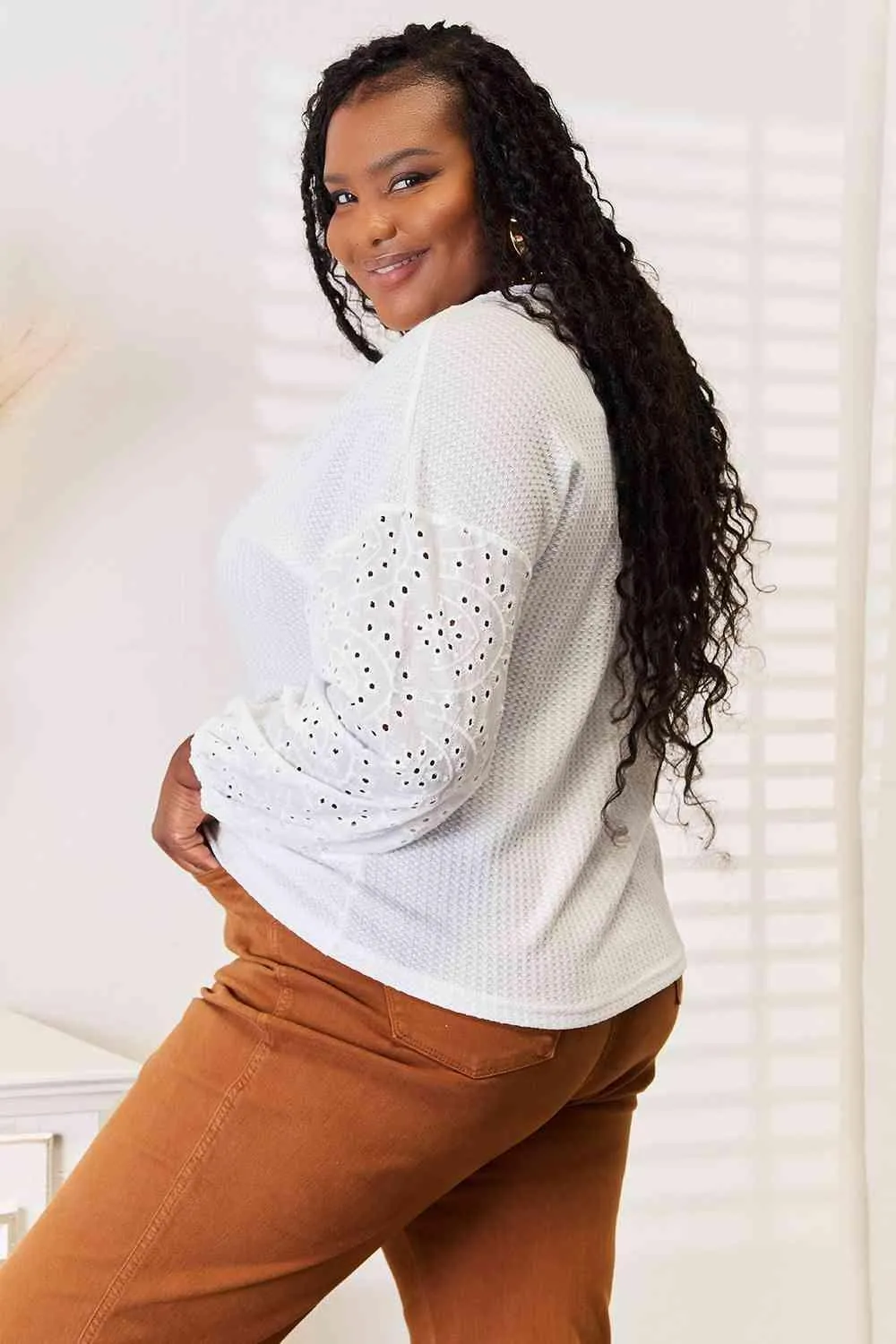 Eyelet Accent White Long Sleeve Blouse