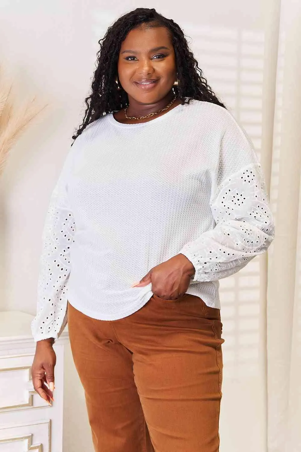 Eyelet Accent White Long Sleeve Blouse