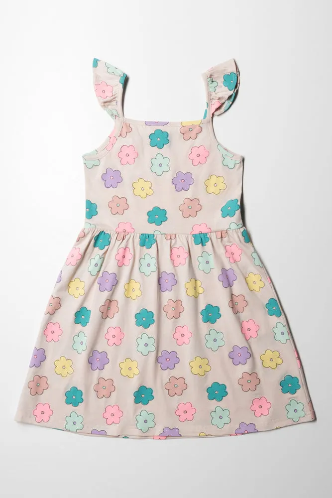 Floral Frill Strappy Dress Neutral Multi