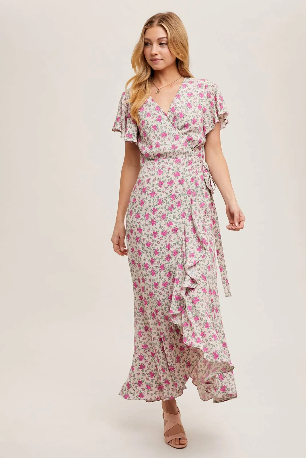 FLORAL PRINT RUFFLED HEM WRAP MAXI DRESS