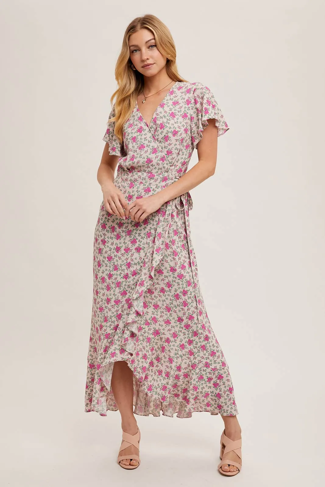 FLORAL PRINT RUFFLED HEM WRAP MAXI DRESS