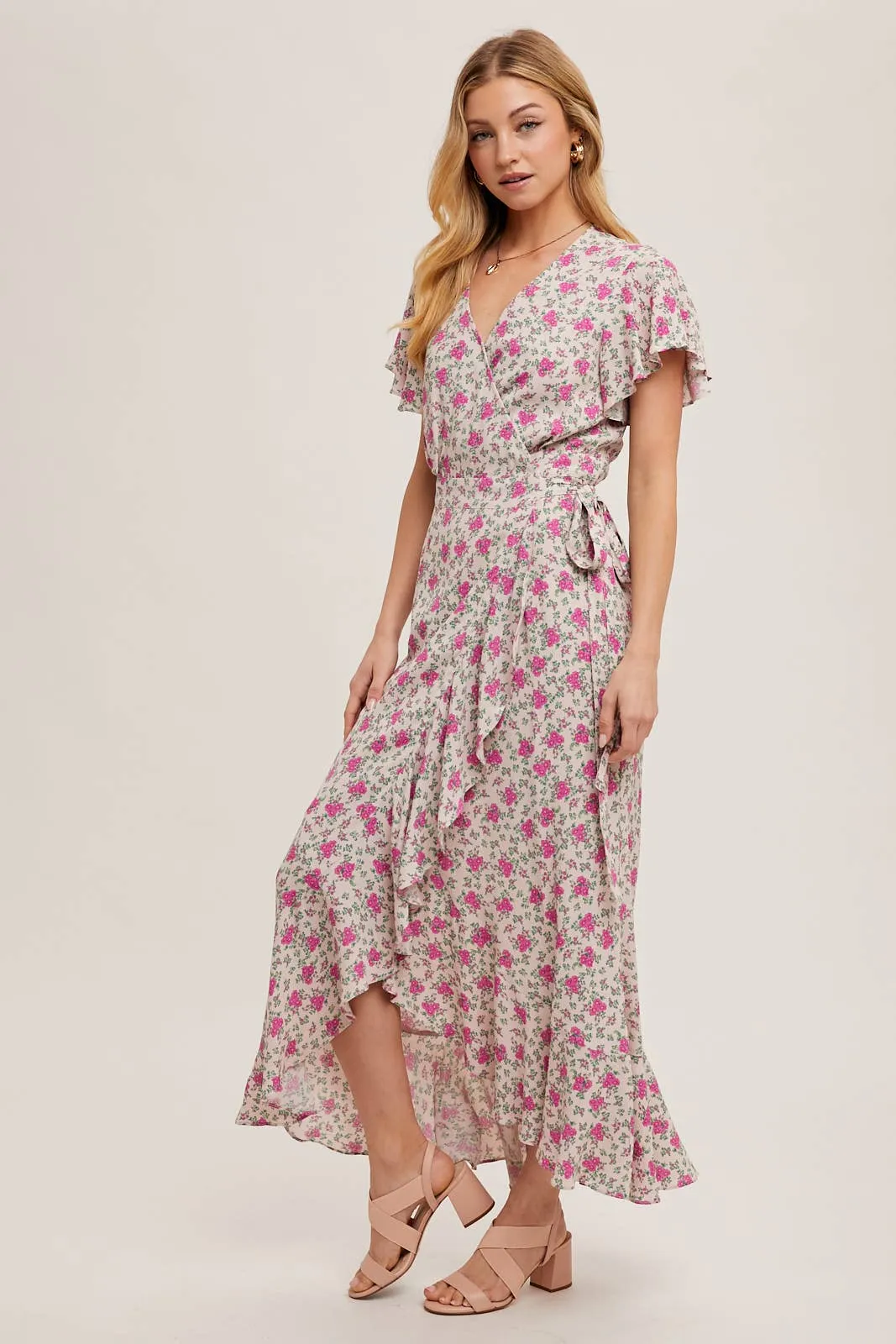 FLORAL PRINT RUFFLED HEM WRAP MAXI DRESS