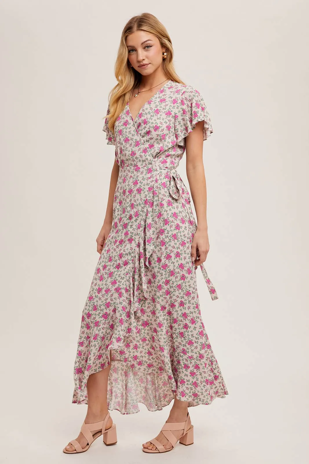 FLORAL PRINT RUFFLED HEM WRAP MAXI DRESS