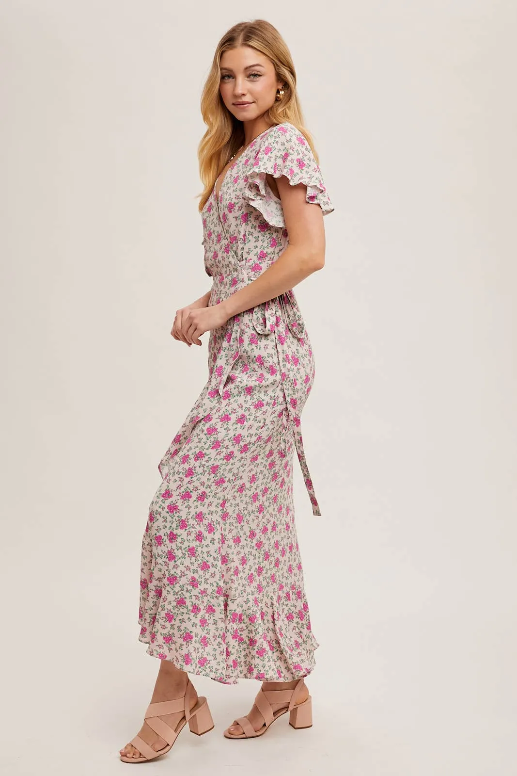 FLORAL PRINT RUFFLED HEM WRAP MAXI DRESS