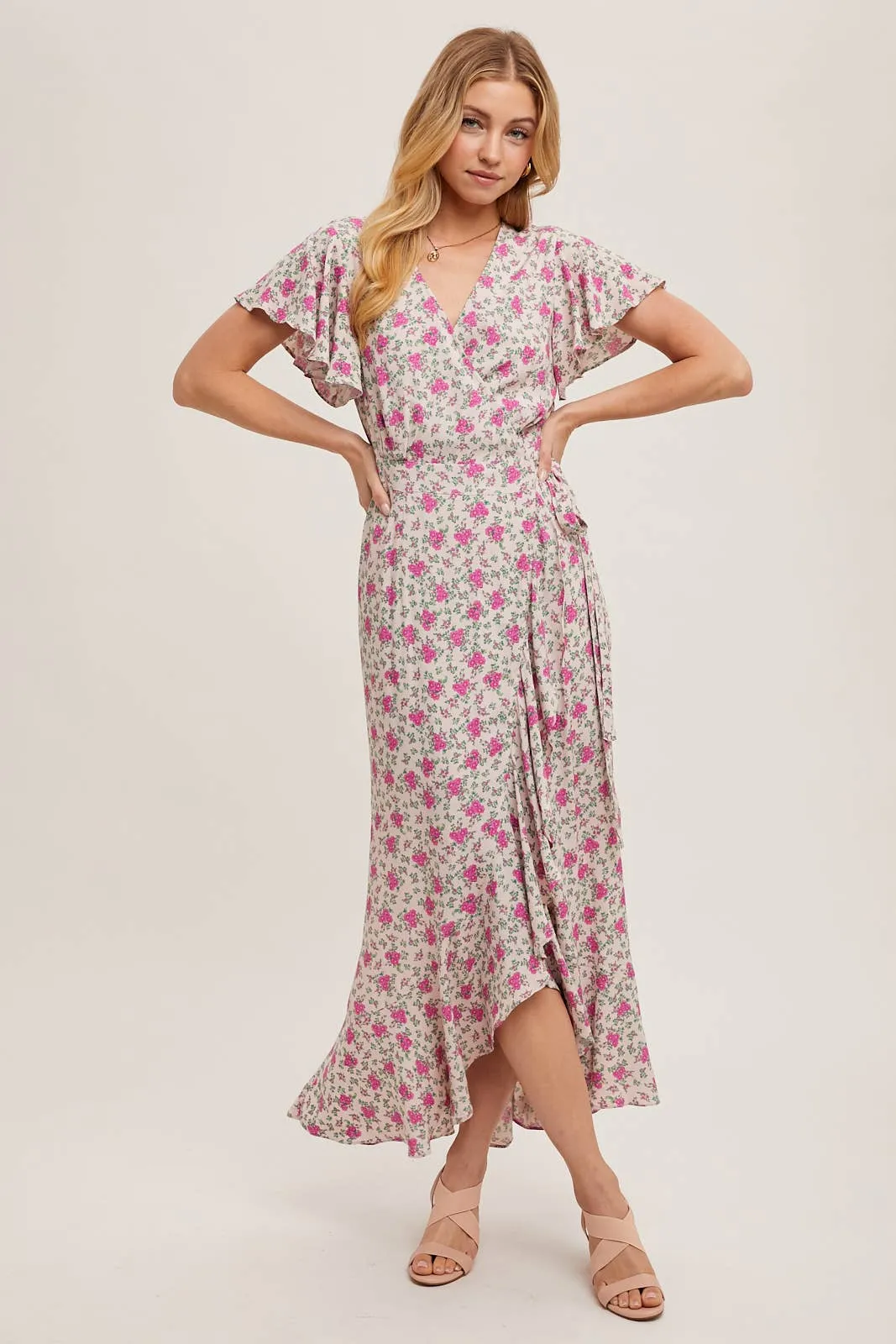 FLORAL PRINT RUFFLED HEM WRAP MAXI DRESS