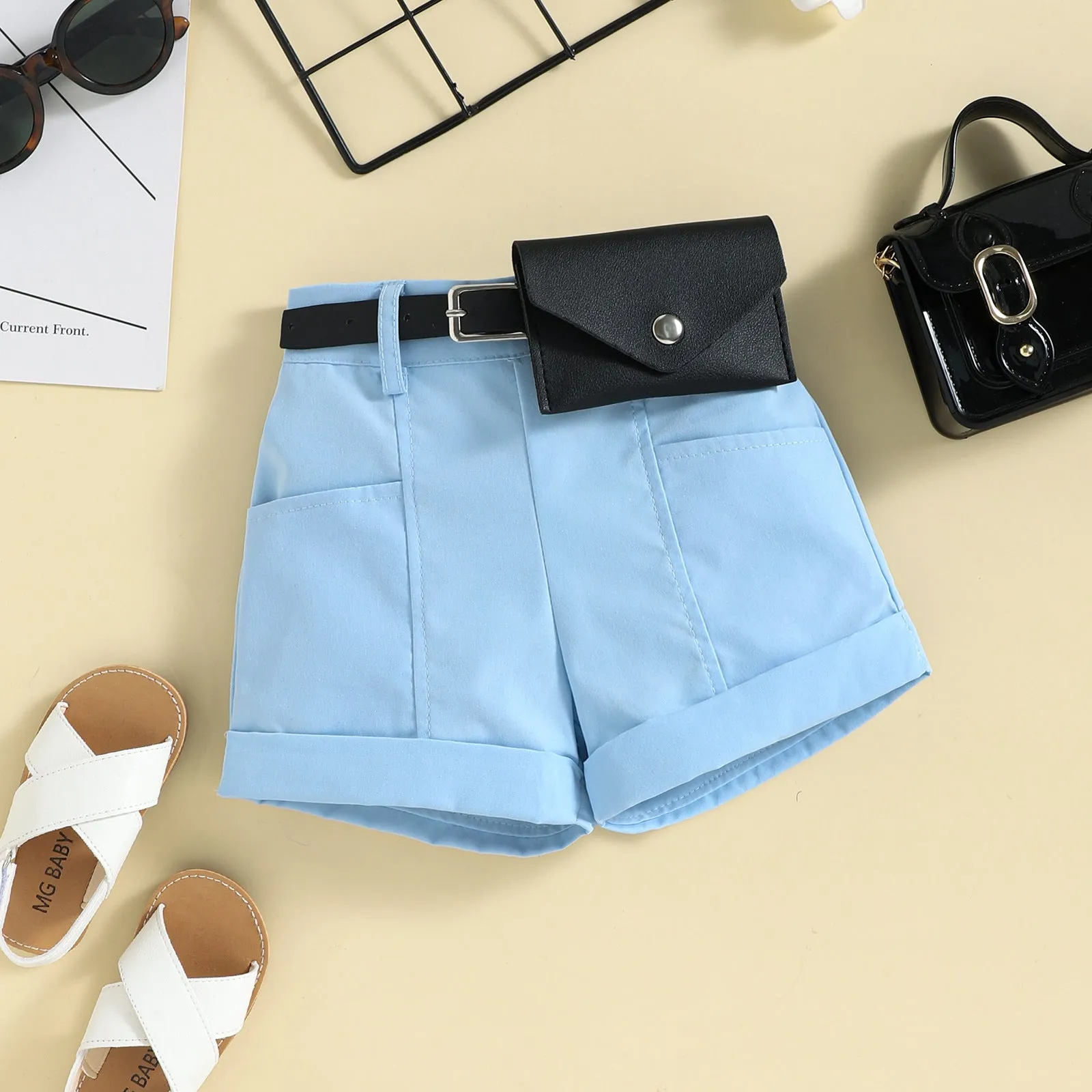 Girls' trendy halter neck tops shorts waist bag suits in stock