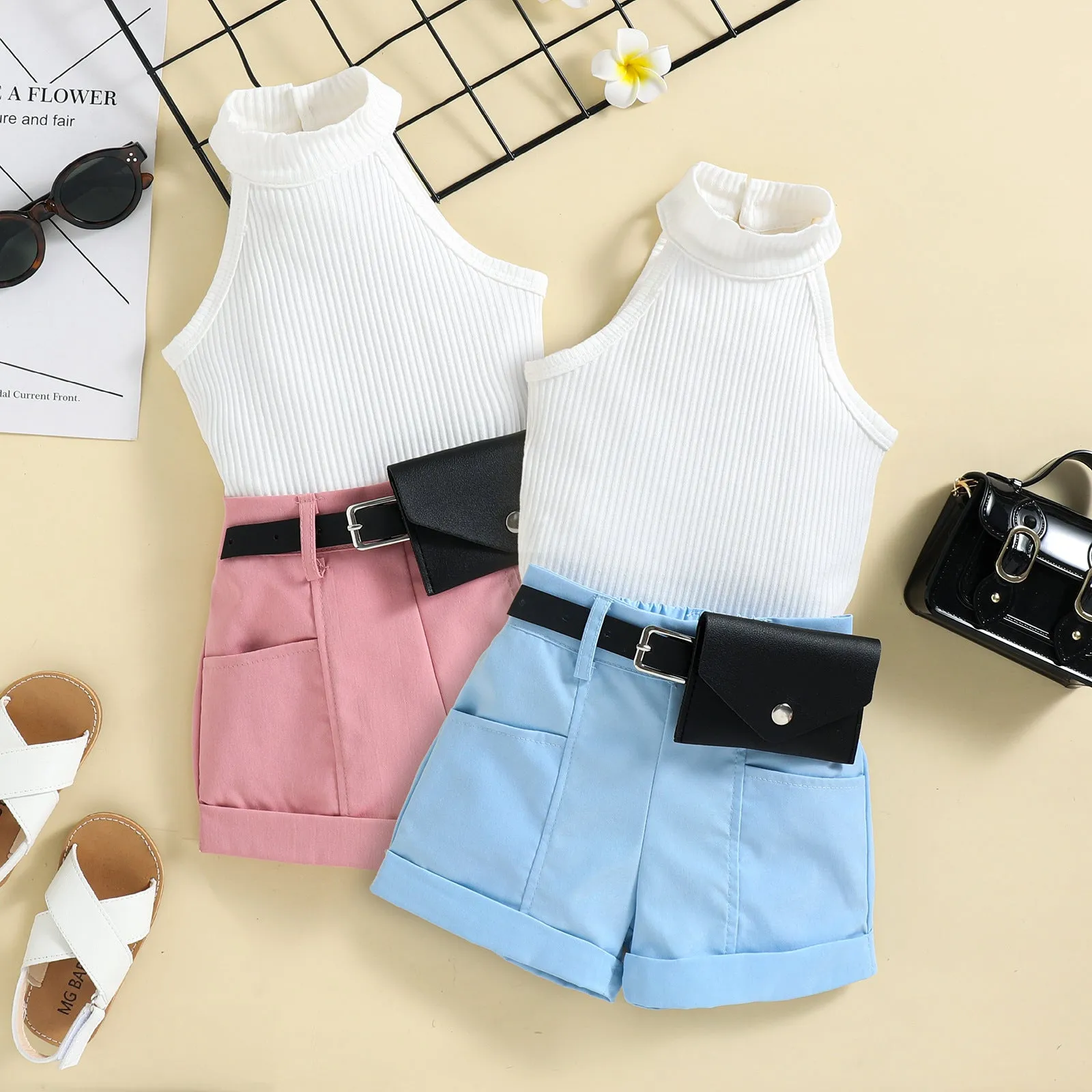 Girls' trendy halter neck tops shorts waist bag suits in stock