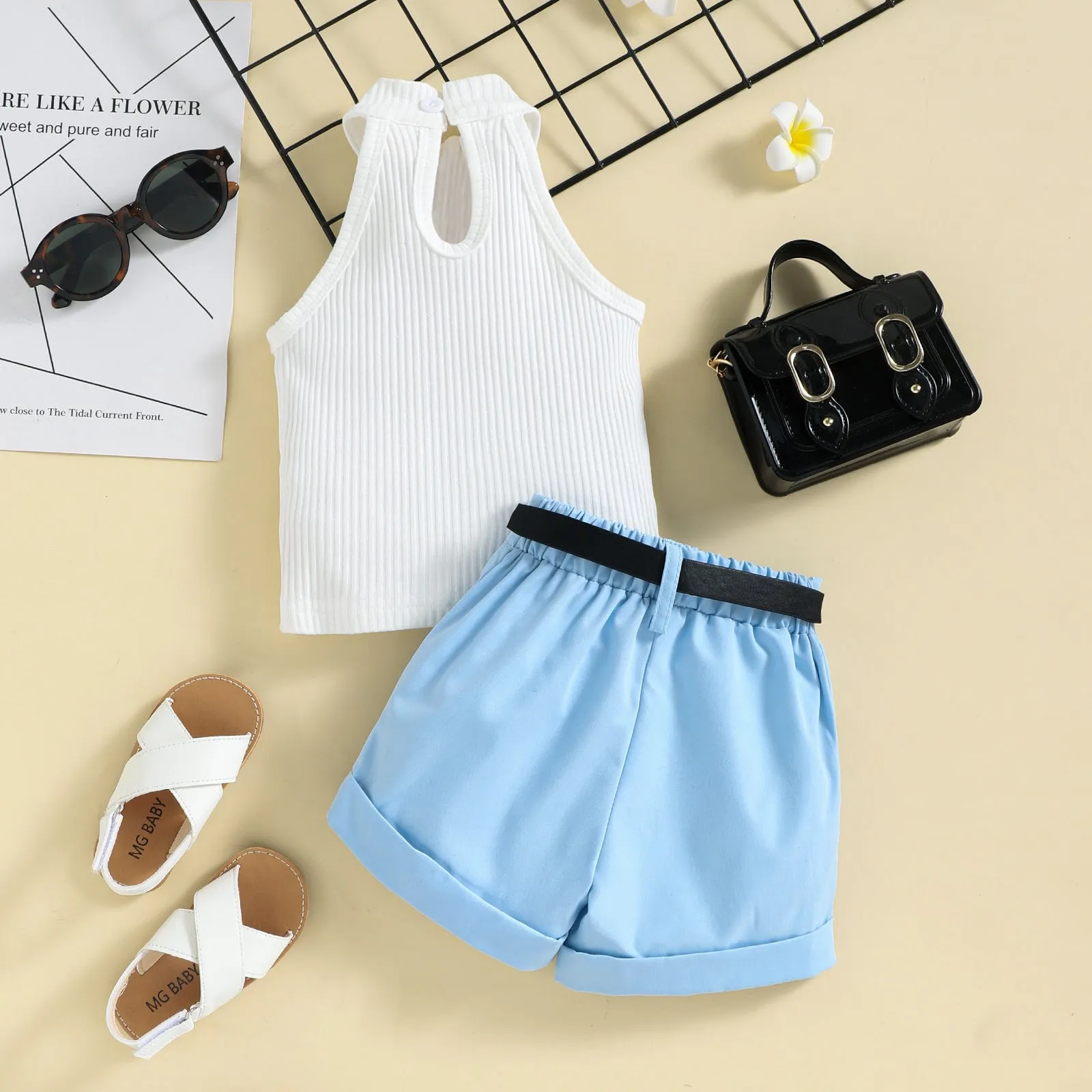 Girls' trendy halter neck tops shorts waist bag suits in stock
