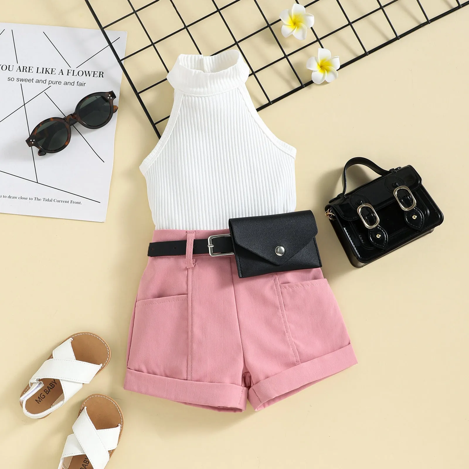 Girls' trendy halter neck tops shorts waist bag suits in stock