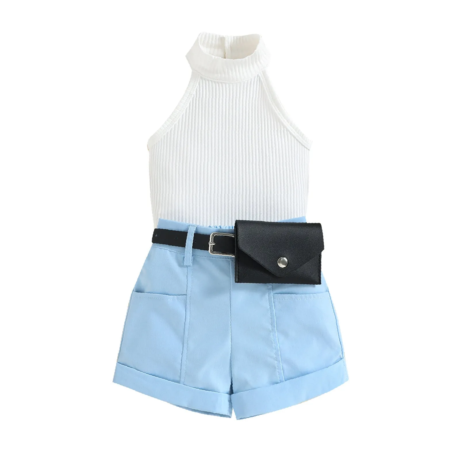 Girls' trendy halter neck tops shorts waist bag suits in stock