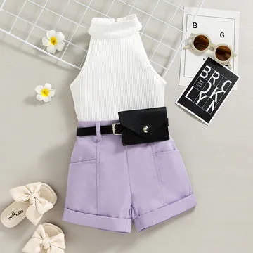 Girls' trendy halter neck tops shorts waist bag suits in stock