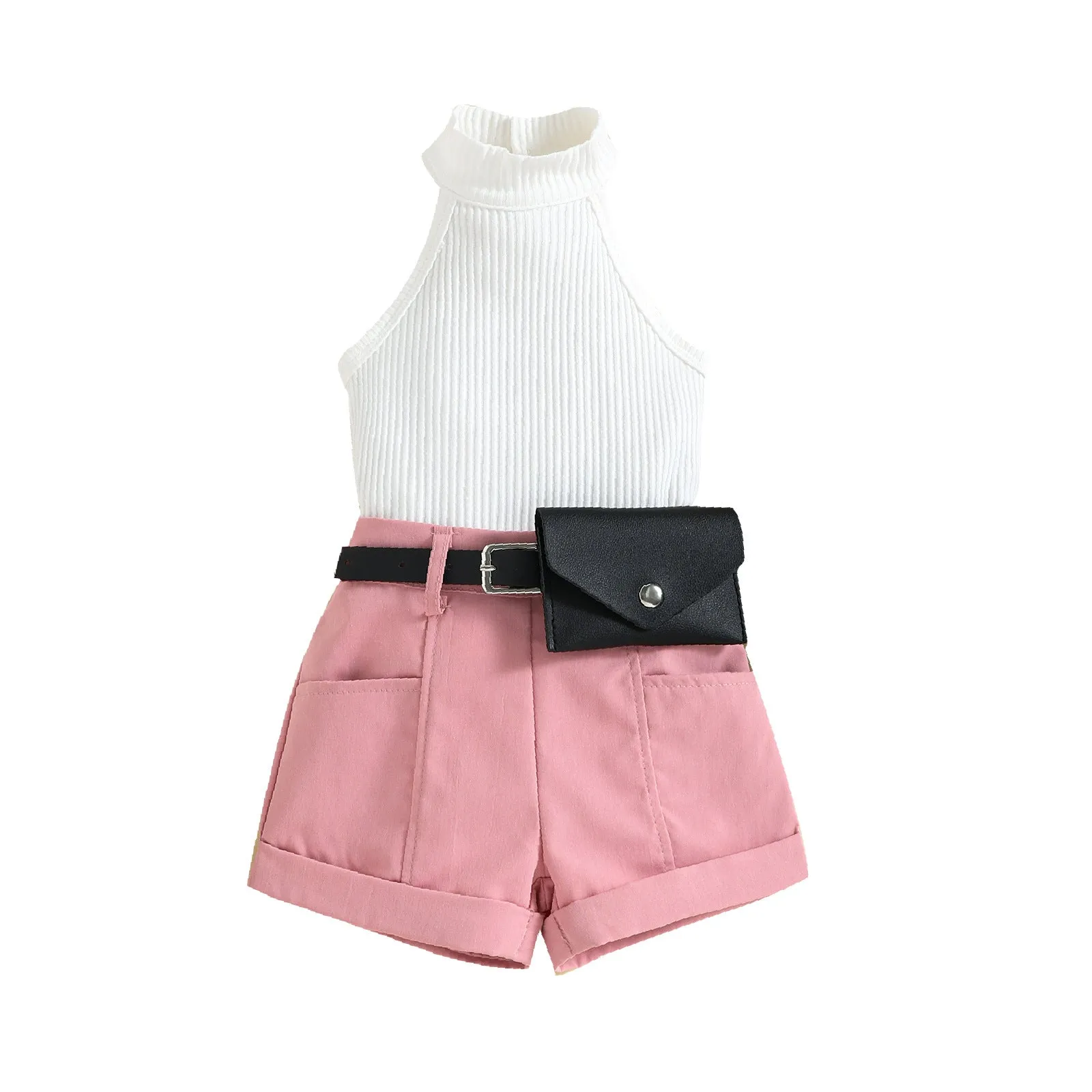 Girls' trendy halter neck tops shorts waist bag suits in stock