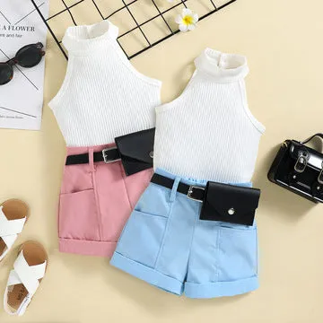 Girls' trendy halter neck tops shorts waist bag suits in stock