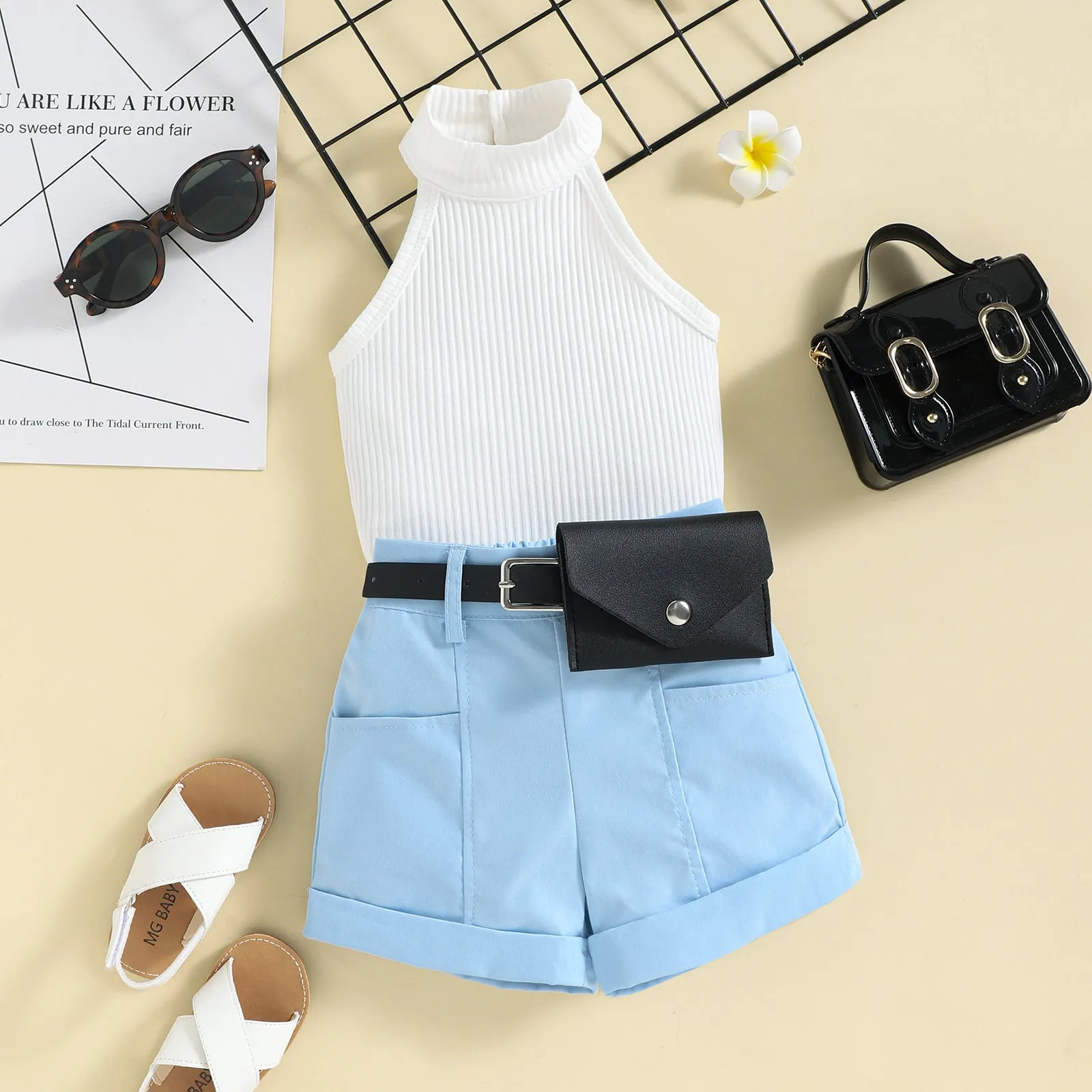 Girls' trendy halter neck tops shorts waist bag suits in stock