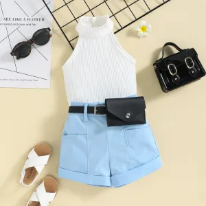 Girls' trendy halter neck tops shorts waist bag suits in stock