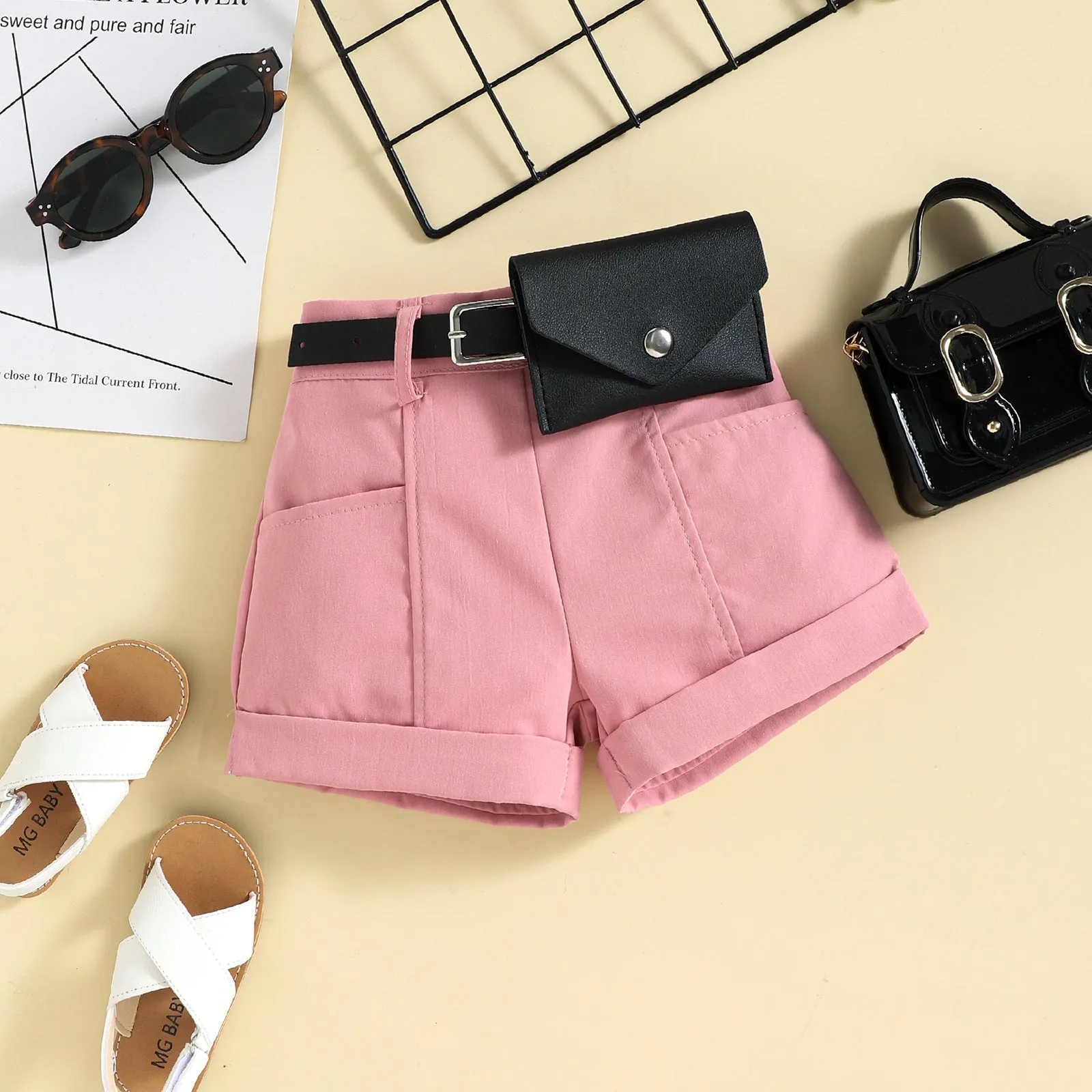 Girls' trendy halter neck tops shorts waist bag suits in stock