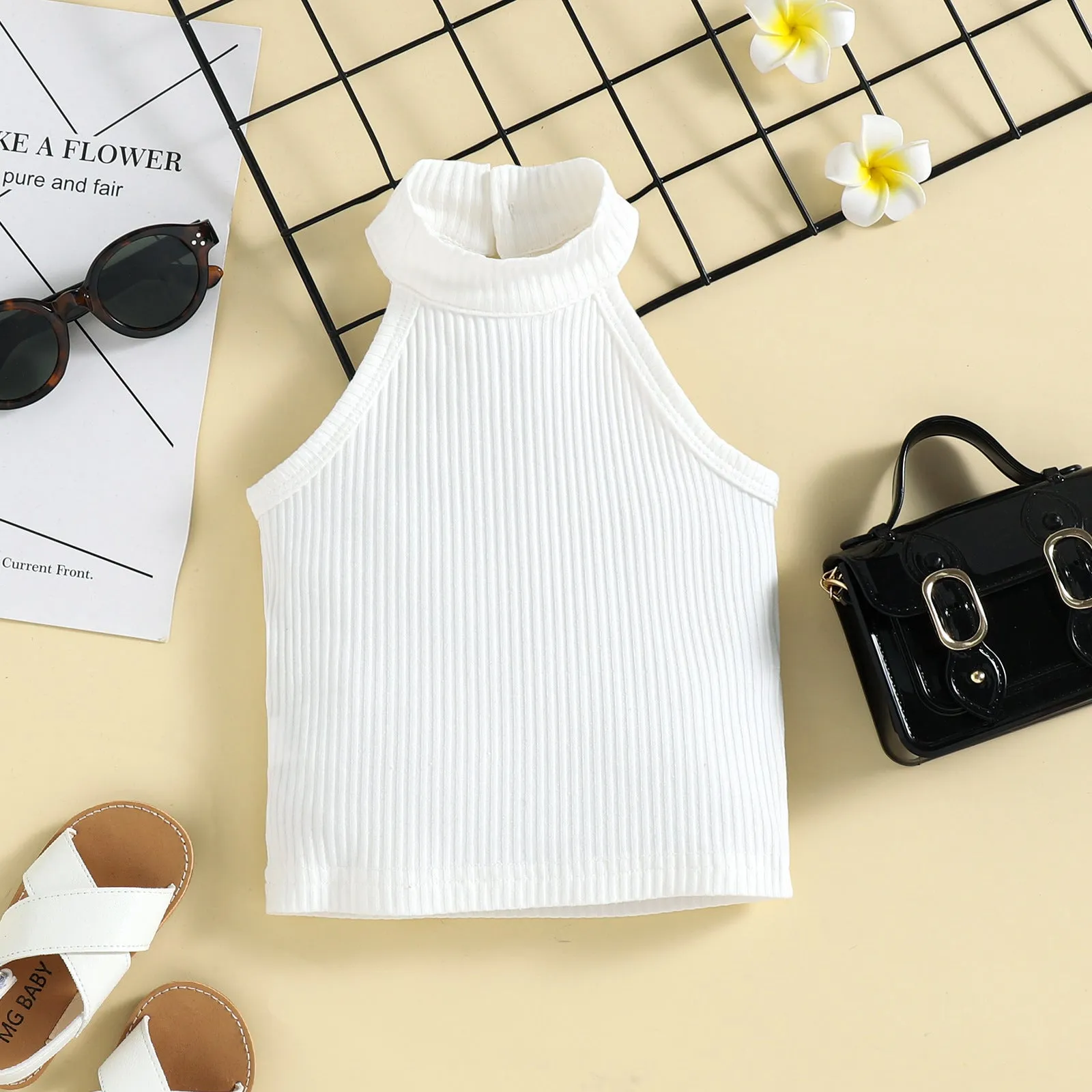 Girls' trendy halter neck tops shorts waist bag suits in stock