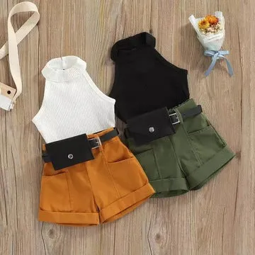 Girls' trendy halter neck tops shorts waist bag suits in stock