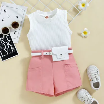 Girls' trendy halter neck tops shorts waist bag suits in stock