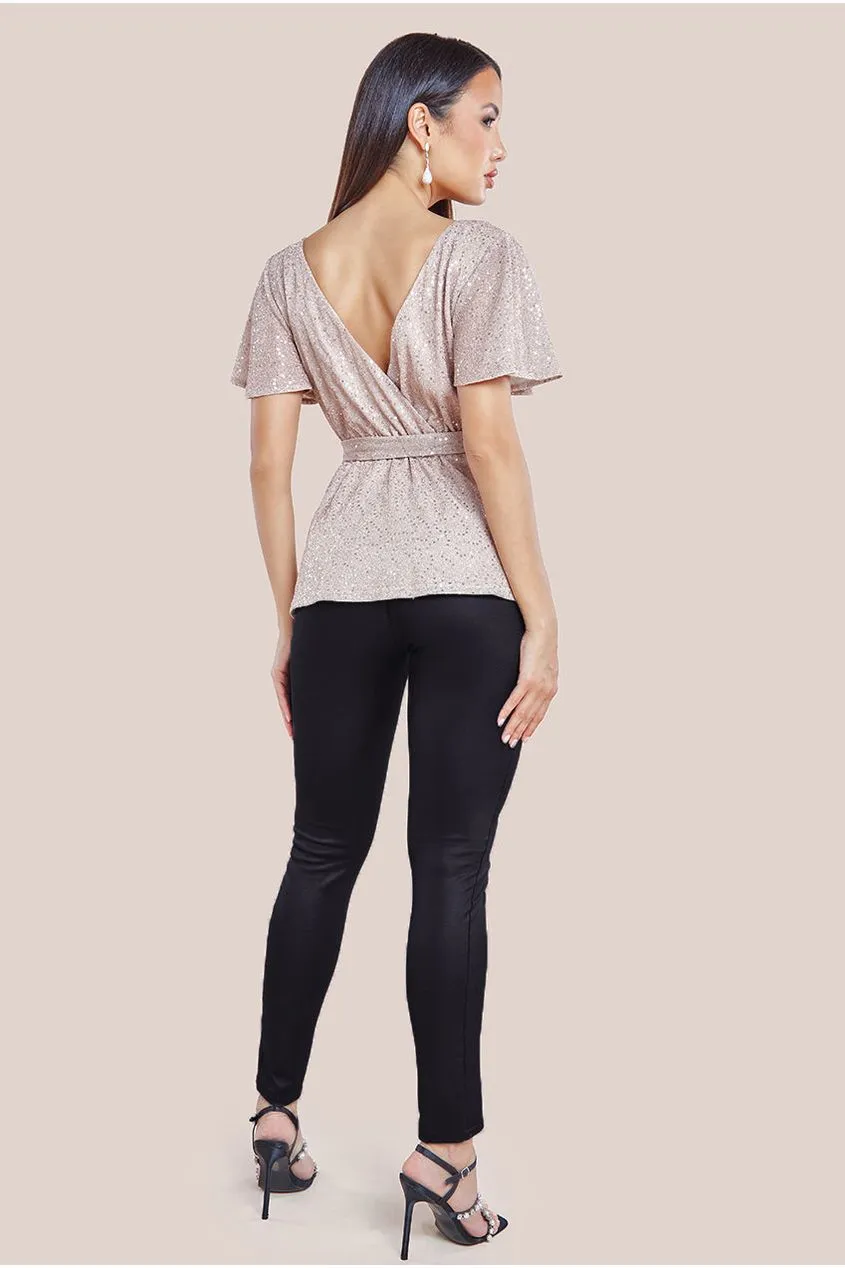 Goddiva Lurex Flutter Sleeve Wrap Top - Champagne