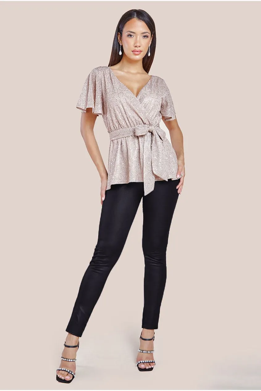 Goddiva Lurex Flutter Sleeve Wrap Top - Champagne
