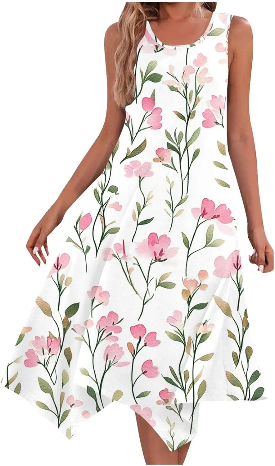 hlysgo Beach Dresses for Women 2025 Trendy Floral Print Handkerchief Hem Beach Sundress Summer A-Line Flowy Boho Mini Dress