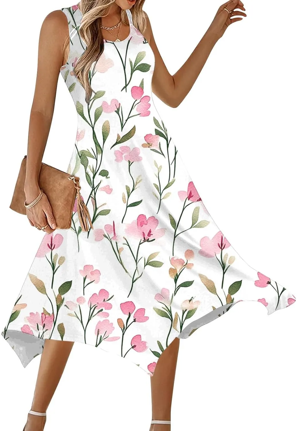 hlysgo Beach Dresses for Women 2025 Trendy Floral Print Handkerchief Hem Beach Sundress Summer A-Line Flowy Boho Mini Dress