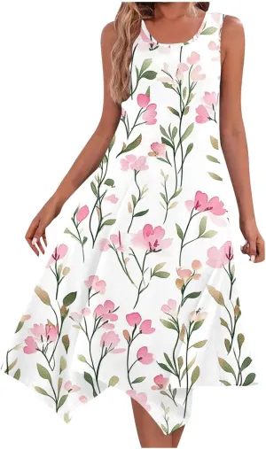 hlysgo Beach Dresses for Women 2025 Trendy Floral Print Handkerchief Hem Beach Sundress Summer A-Line Flowy Boho Mini Dress