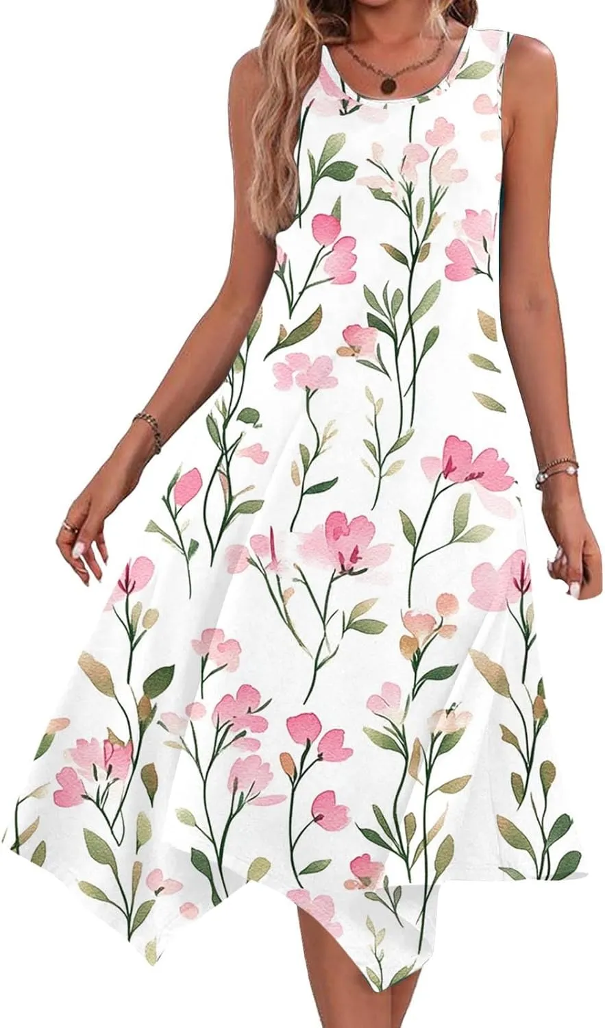 hlysgo Beach Dresses for Women 2025 Trendy Floral Print Handkerchief Hem Beach Sundress Summer A-Line Flowy Boho Mini Dress