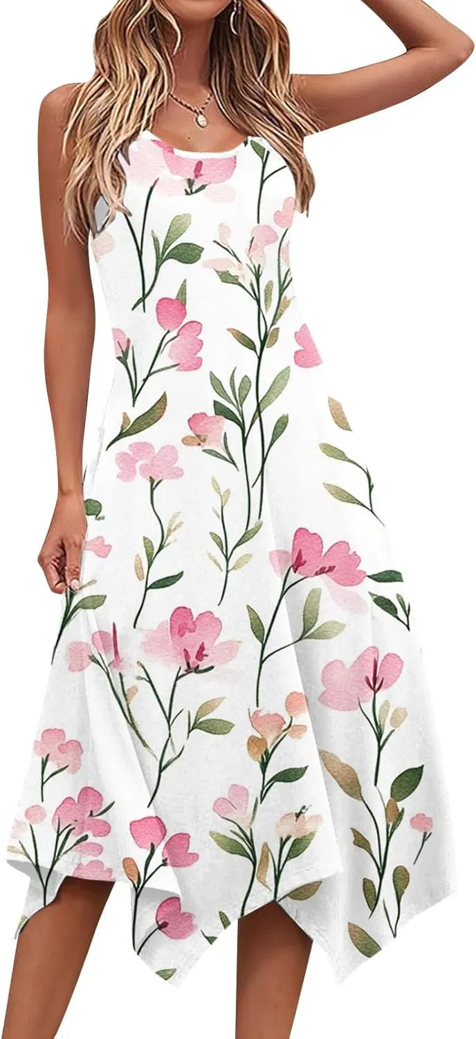 hlysgo Beach Dresses for Women 2025 Trendy Floral Print Handkerchief Hem Beach Sundress Summer A-Line Flowy Boho Mini Dress