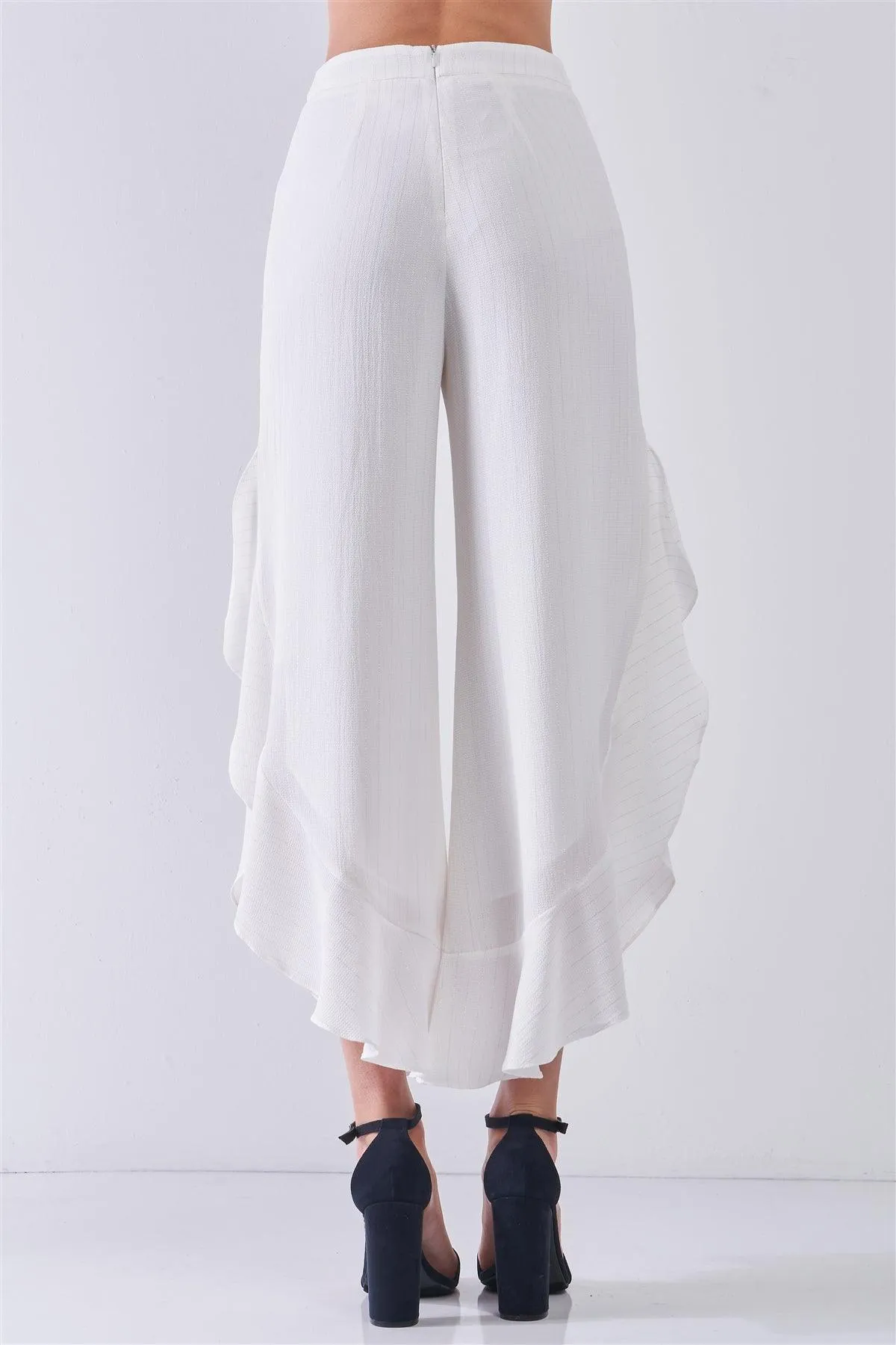 Ivory Silver Striped High-Waisted Ruffle Side Slit Midi Pants