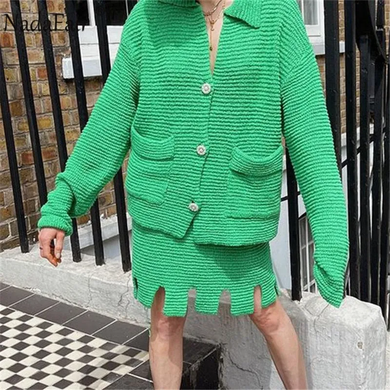 Joskaa Christmas Gift Nadafair Green Cardigan Femme Warm Knitted Sweater Y2k Casual Loose 2024 Autumn Winter Knit Top Oversized Cardigan Women