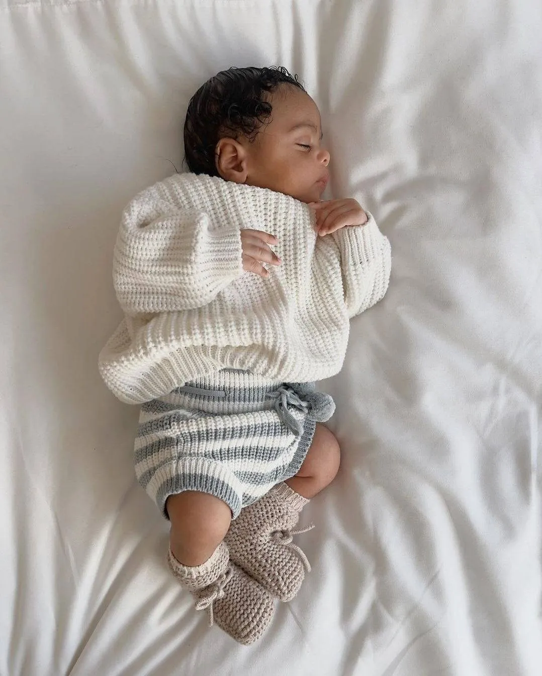 Knitted Bloomers - Cotton - Ivory & Misty Blue Stripes