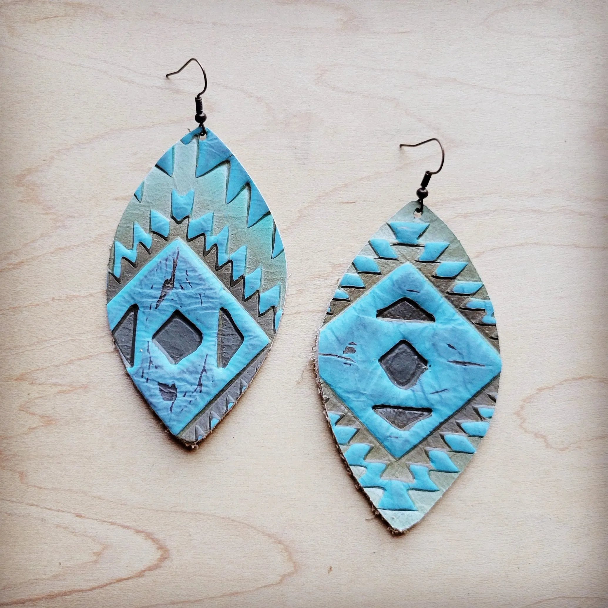 **Leather Oval Earrings-Aztec Cyan 210d