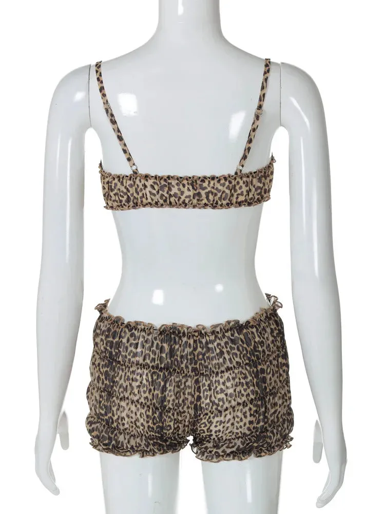 Leopard Print Ruffles Cami Bra Top and Shorts Set
