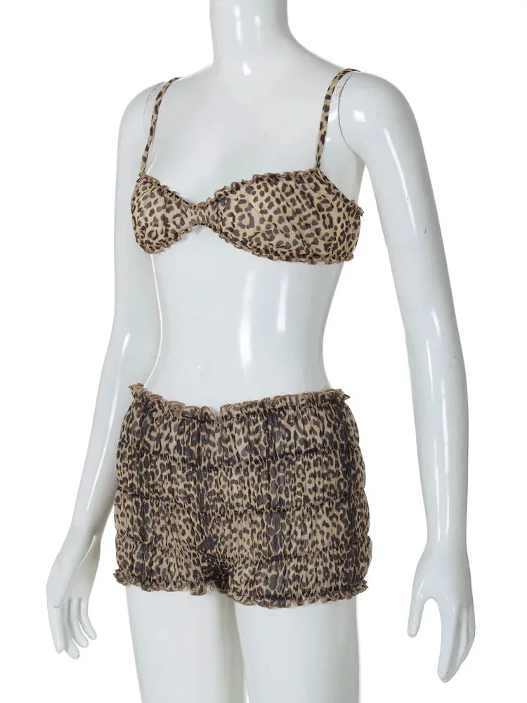 Leopard Print Ruffles Cami Bra Top and Shorts Set