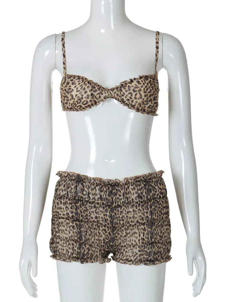Leopard Print Ruffles Cami Bra Top and Shorts Set