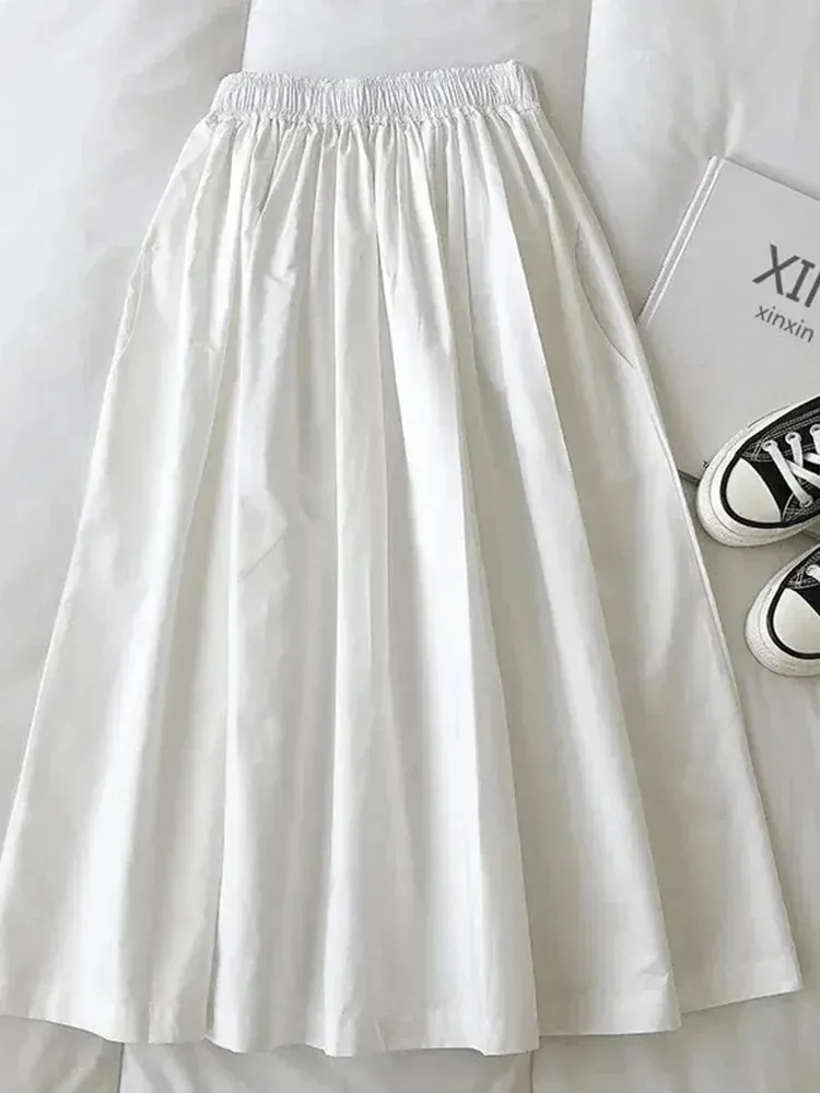 LVSANW 2025 New Skirt Ladie Fashion Women Pockets Pleated Knee Length Skirts Solid Color Casual Elegant High Waist A Line Woman Skirts