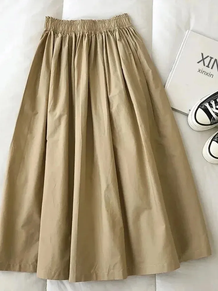 LVSANW 2025 New Skirt Ladie Fashion Women Pockets Pleated Knee Length Skirts Solid Color Casual Elegant High Waist A Line Woman Skirts