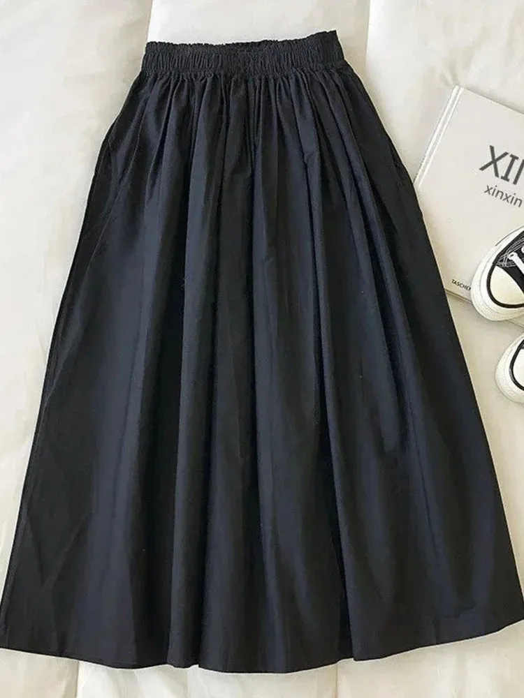 LVSANW 2025 New Skirt Ladie Fashion Women Pockets Pleated Knee Length Skirts Solid Color Casual Elegant High Waist A Line Woman Skirts