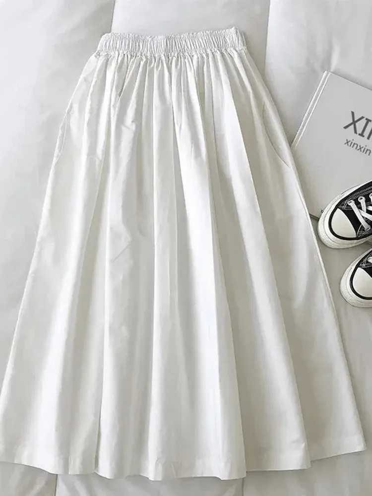 LVSANW 2025 New Skirt Ladie Fashion Women Pockets Pleated Knee Length Skirts Solid Color Casual Elegant High Waist A Line Woman Skirts