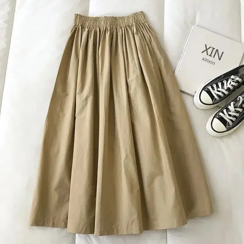 LVSANW 2025 New Skirt Ladie Fashion Women Pockets Pleated Knee Length Skirts Solid Color Casual Elegant High Waist A Line Woman Skirts