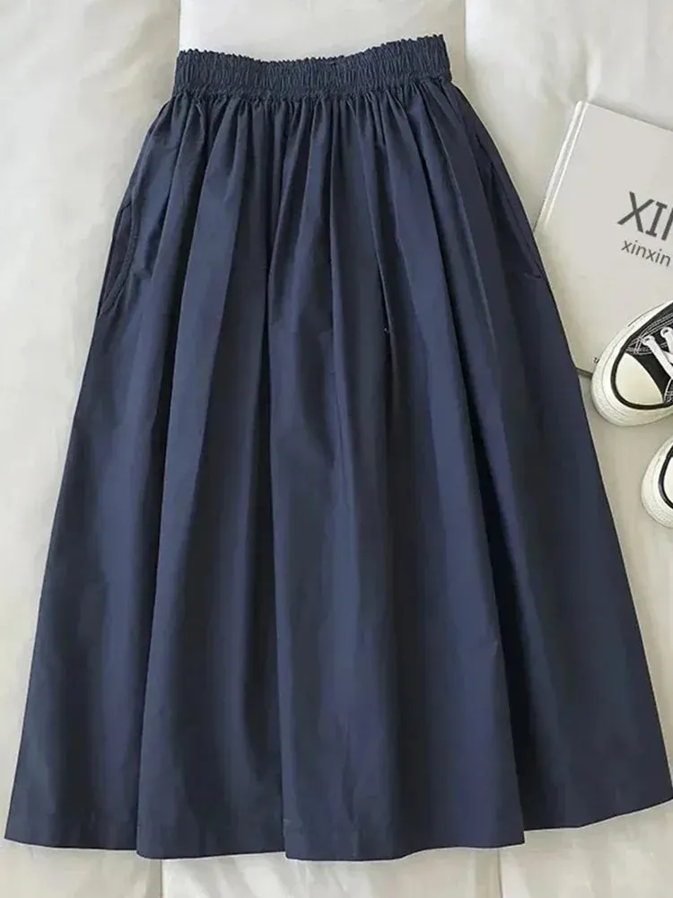 LVSANW 2025 New Skirt Ladie Fashion Women Pockets Pleated Knee Length Skirts Solid Color Casual Elegant High Waist A Line Woman Skirts
