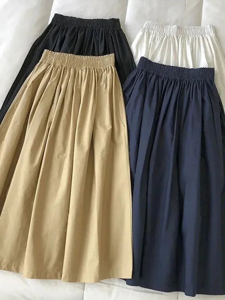 LVSANW 2025 New Skirt Ladie Fashion Women Pockets Pleated Knee Length Skirts Solid Color Casual Elegant High Waist A Line Woman Skirts