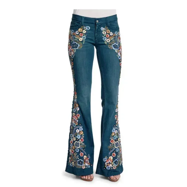 LVSANW Embroidered Slim Fit Flared Pants European and American Women's Jeans Fashionable and Trendy Embroidered Pants
