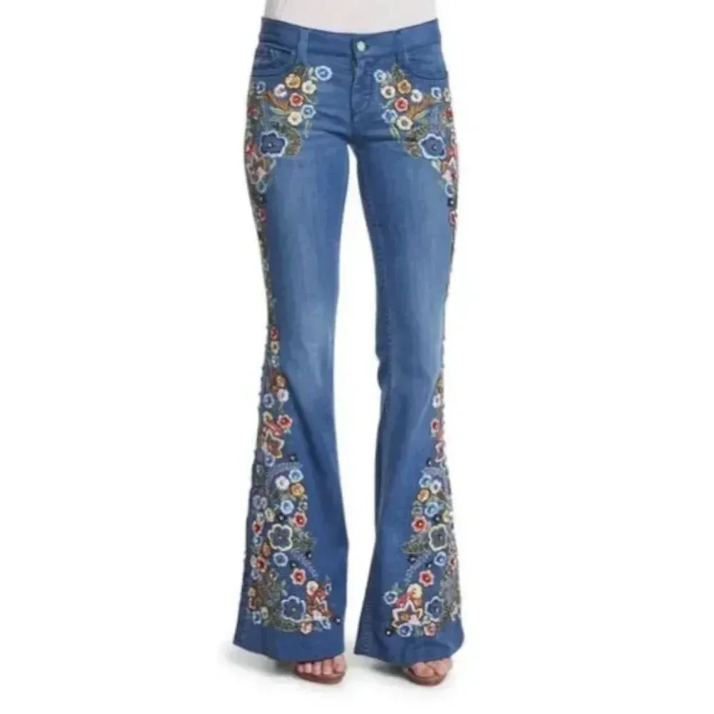 LVSANW Embroidered Slim Fit Flared Pants European and American Women's Jeans Fashionable and Trendy Embroidered Pants