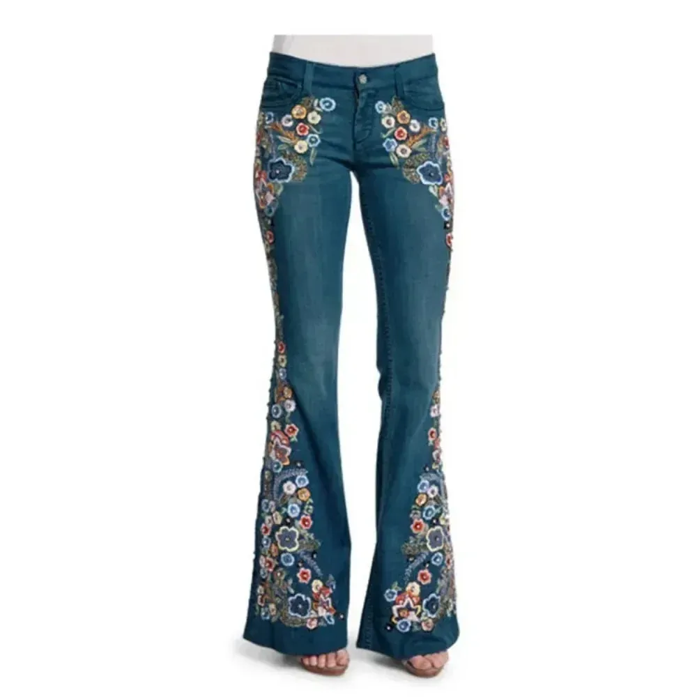 LVSANW Embroidered Slim Fit Flared Pants European and American Women's Jeans Fashionable and Trendy Embroidered Pants