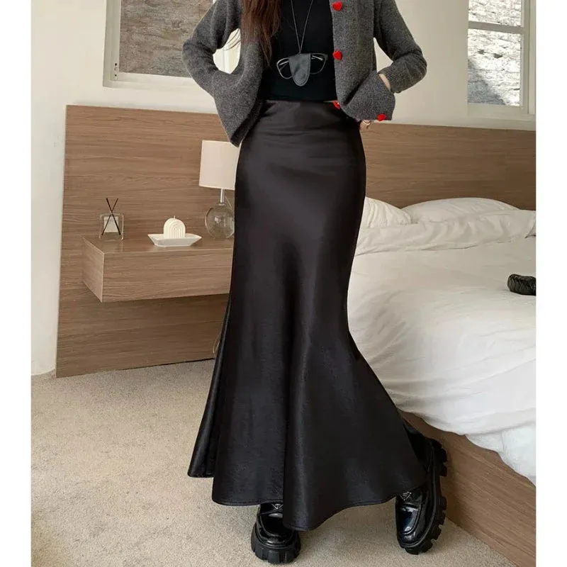 LVSANW High Quality High Waisted Satin Skirt Women 2025 Elegant  Fishtail Long Skirt Female French Slim Fit Black Long Faldas Mujer