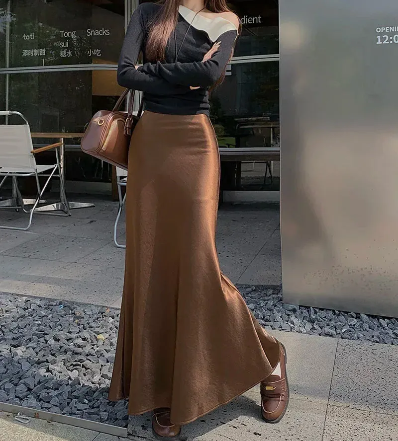 LVSANW High Quality High Waisted Satin Skirt Women 2025 Elegant  Fishtail Long Skirt Female French Slim Fit Black Long Faldas Mujer